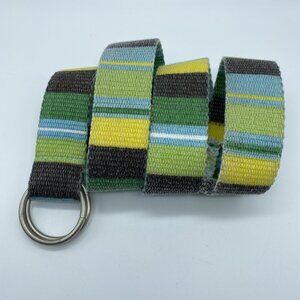Yellow Gray Green Blue Striped Woven D Ring Belt Women's Size 5 End to End 38"